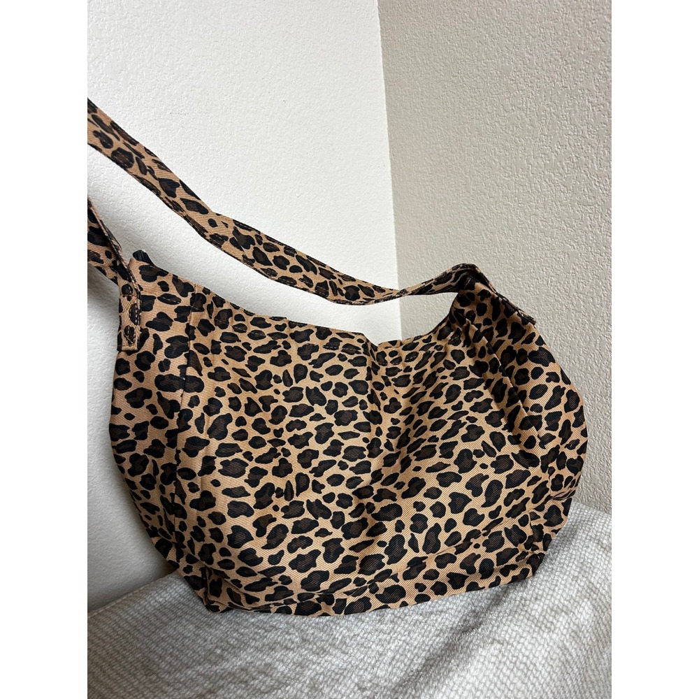 Leopard Print Canvas Hobo Bag Tan Black Animal Print Zipper Shoulder Tote Large